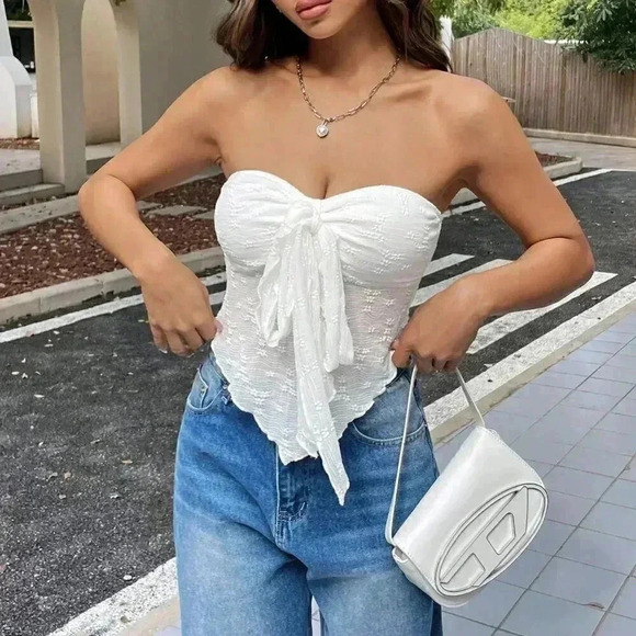 White Casual Women's Solid Color Style Bandeau Top With Strap Decoration - Picture 3 of 5